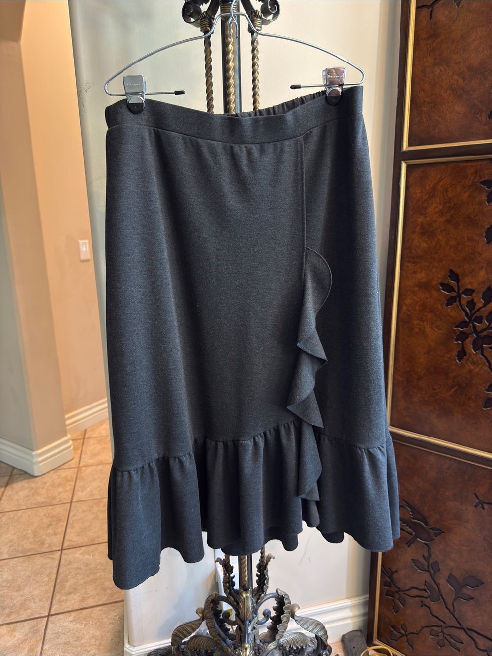Sundance Charcoal Gray Faux Wrap Ruffle Midi Skirt XL Stretch Knit